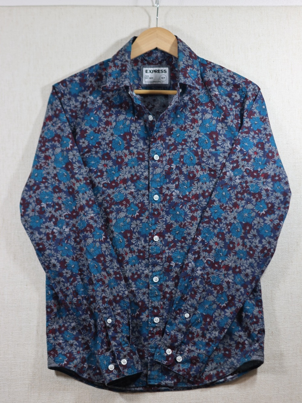 Express Men's Floral Button-Down Shirt - Blue & Burgundy
